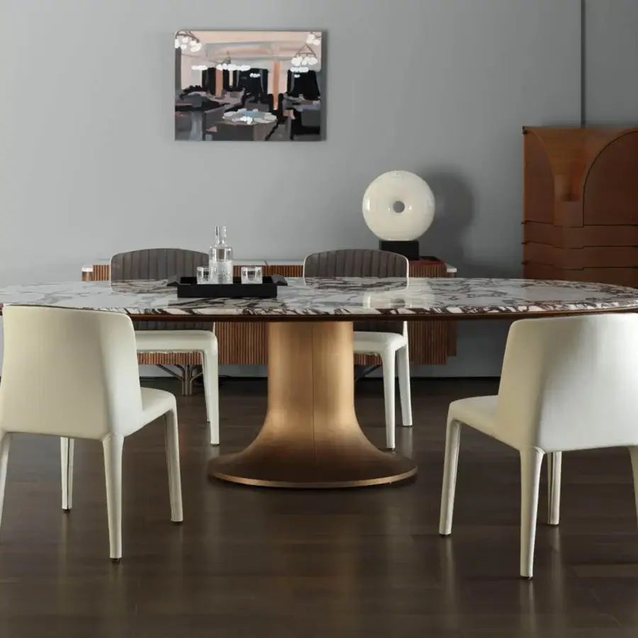 Distinguished Giorgetti Bicolette chair fully upholstered in pale beige textile with a satin metal frame and stylish vertical stitching