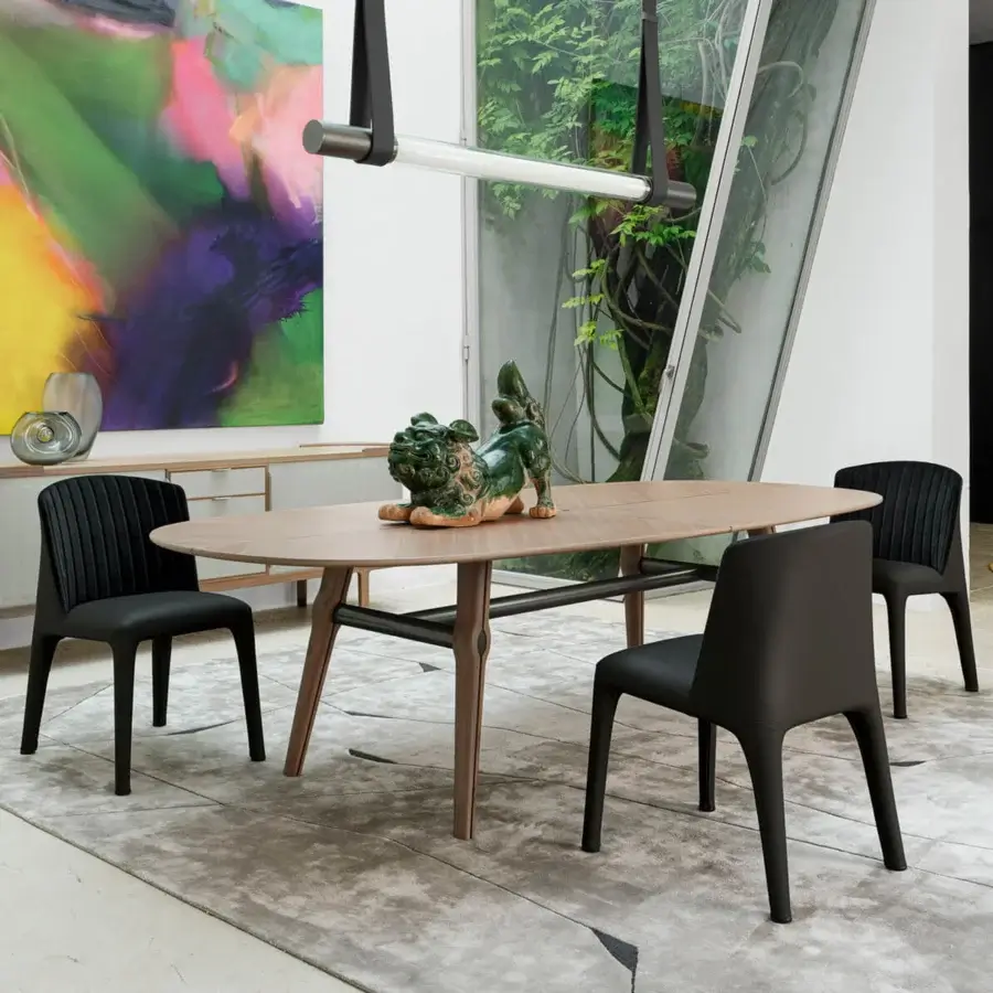 Exceptional Giorgetti Bicolette chair fully upholstered in dark charcoal gray fabric with satin finish and dark metal legs