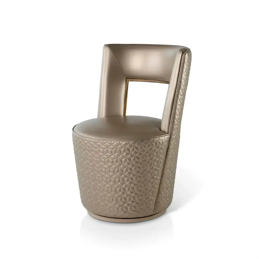 Lavish Sicis Koro chair crafted with solid wood, enveloping polyurethane foam and lustrous gold leatherette with diamond quilting