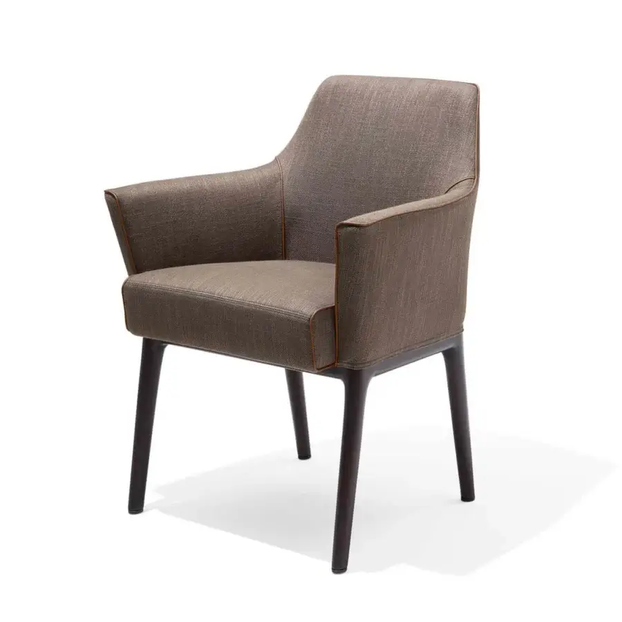 Distinguished Giorgetti Alina armchair upholstered in muted brown-grey textured textile with refined leather piping and satin finish