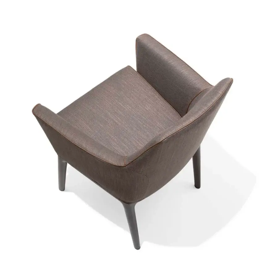Exceptional Giorgetti Alina armchair upholstered in textured muted brown textile with light brown piping and sleek dark gray metal frame