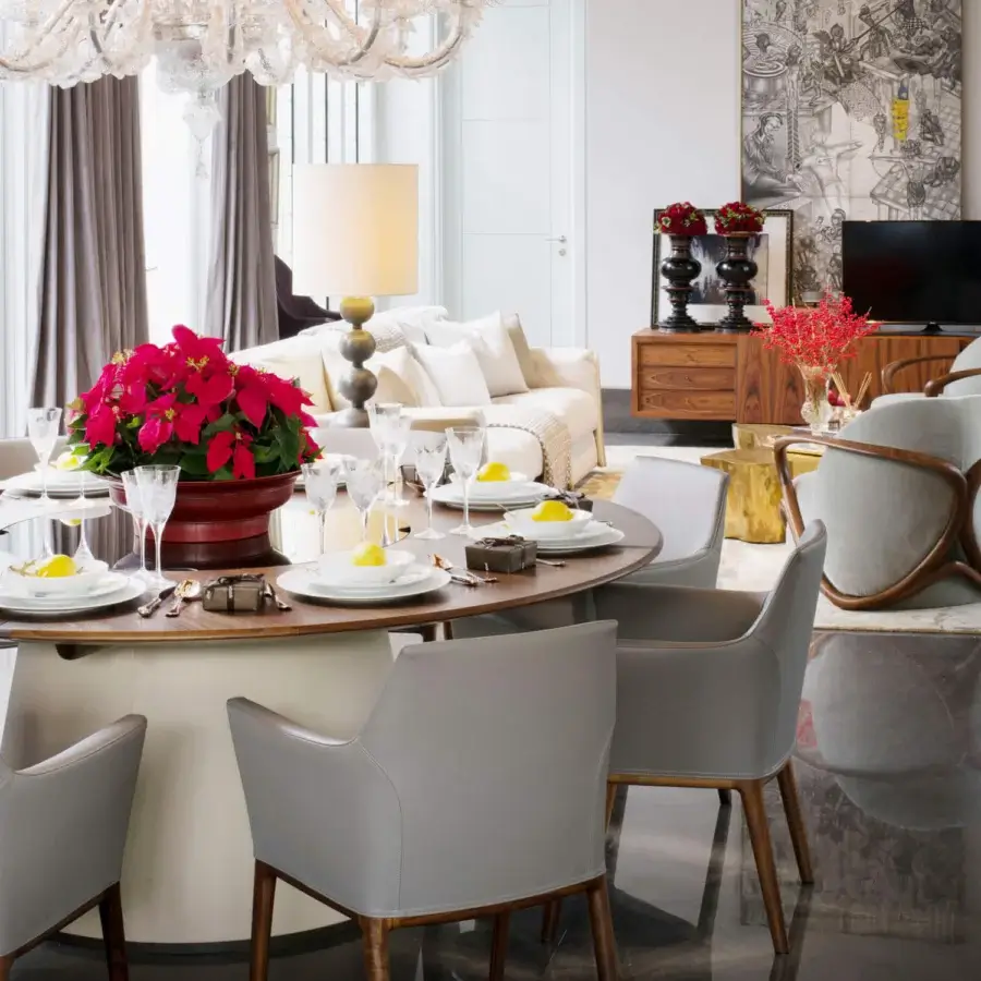 Distinguished Giorgetti Alina armchair upholstered in light gray textile with wood frame and leather piping