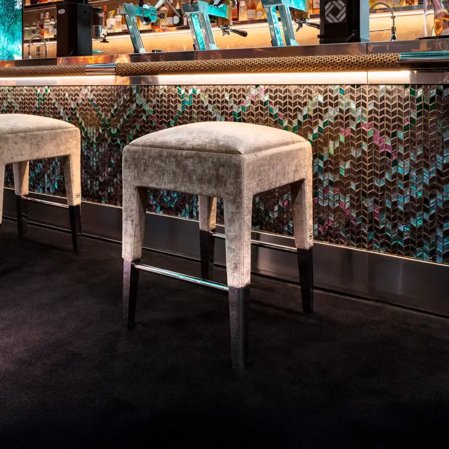 Sophisticated Sicis P08 bar stool with light gray velvet seat and polished coated metal frame crafted in wood and plywood
