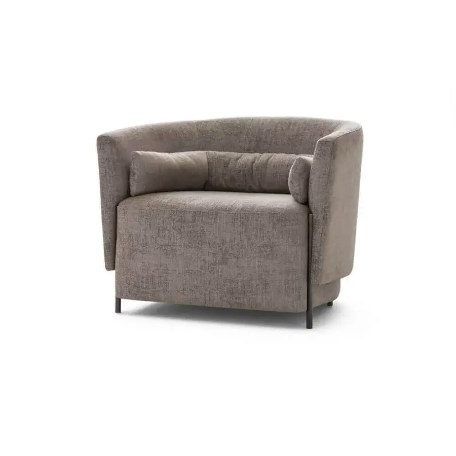 Superior OAK Melodia lounge chair upholstered in warm gray fabric with painted metal feet and a detachable lumbar cushion