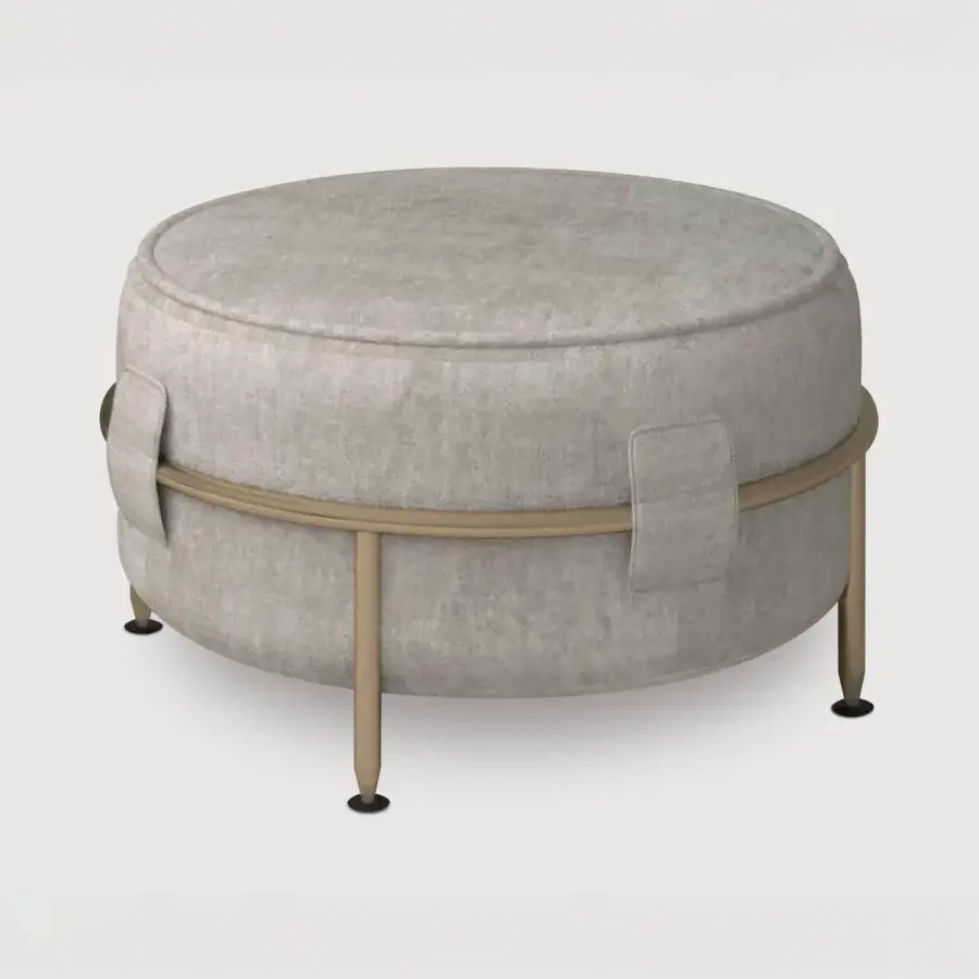 Elegant Sicis Amaretto ottoman with cylindrical form and muted warm gray textile upholstery crafted with a coated metal base
