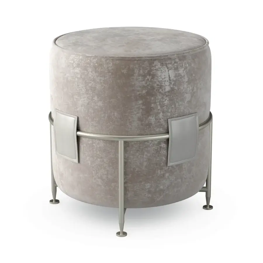 Refined Sicis Amaretto ottoman crafted in Italy with subtly textured gray-beige textile and satin finished metal legs