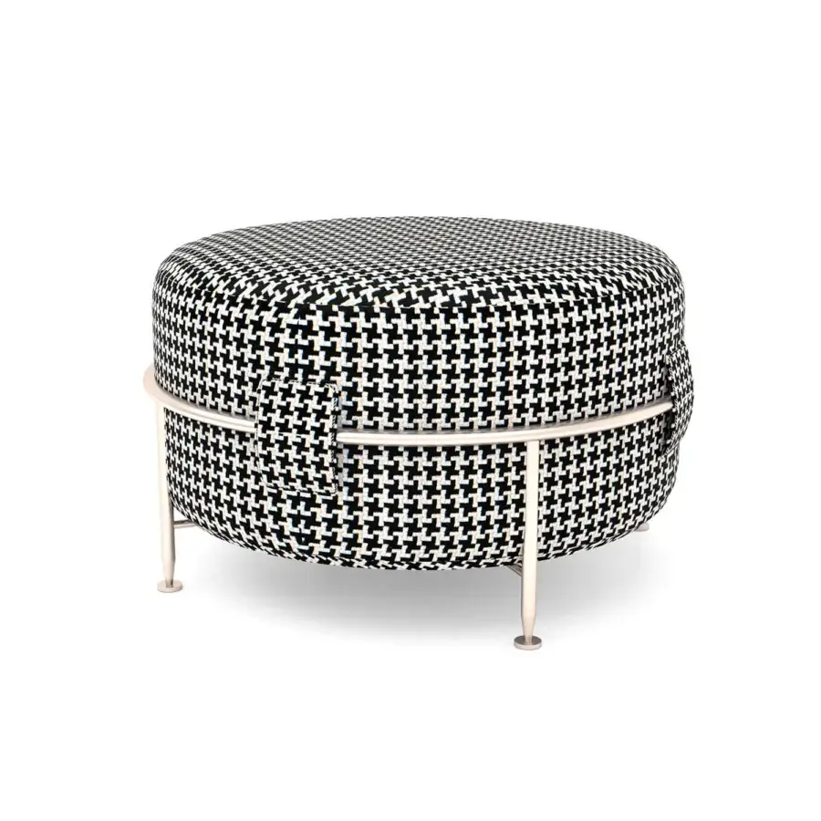 Elegant Sicis Amaretto ottoman crafted in Italy with black and white houndstooth fabric and coated metal legs