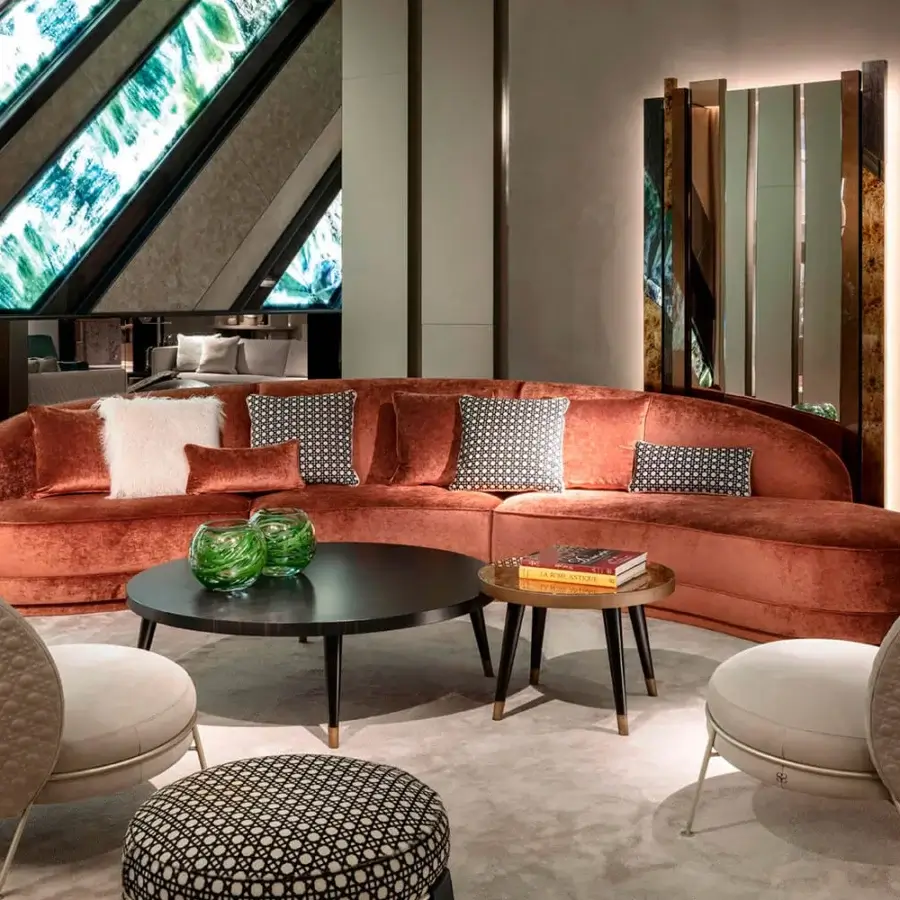 Superior Sicis Amaretto ottoman built with dark textile upholstery and a sleek coated metal base ring