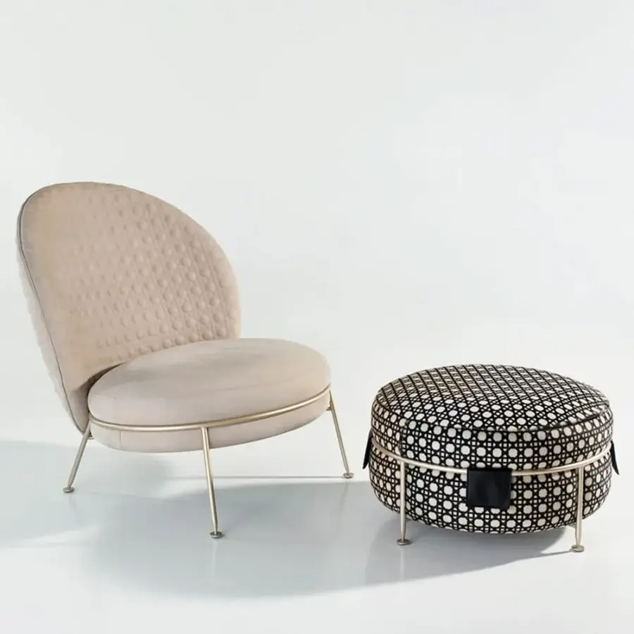 Elegant Sicis Amaretto ottoman with woven black and white textile and gold-toned metal legs crafted in Italy