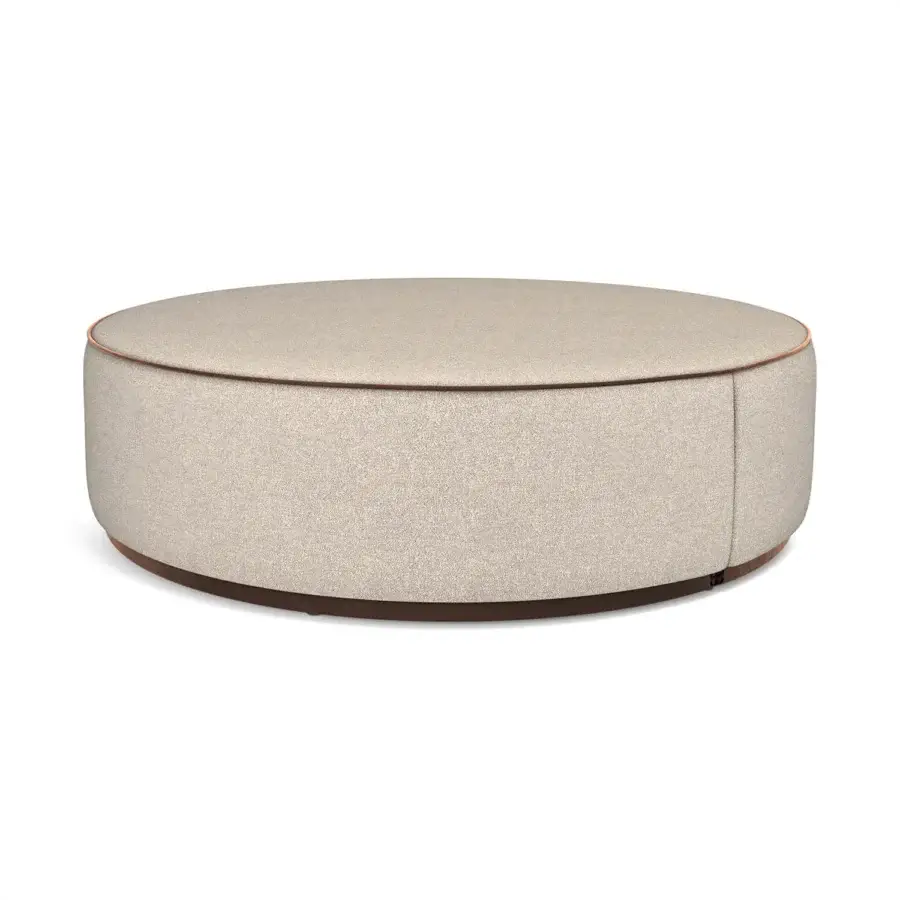 Superior Sicis Chamaleon low round ottoman upholstered in textured beige fabric with a brown wood band