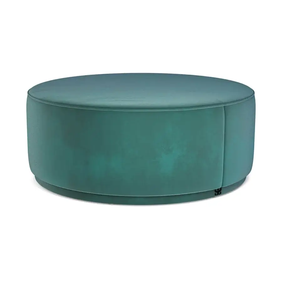 Distinguished Sicis Chamaleon low round ottoman crafted with plush matte fabric in a muted teal finish