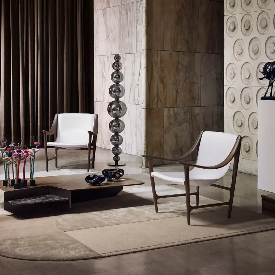 Elegant Giorgetti Ghiblim coffee table with pewter-painted metal, Canaletto walnut, and marble two-level tabletop