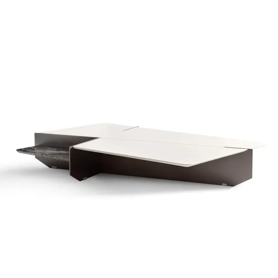 Exceptional Giorgetti Ghiblim coffee table crafted with pewter-painted metal, Canaletto walnut, and marble inlay