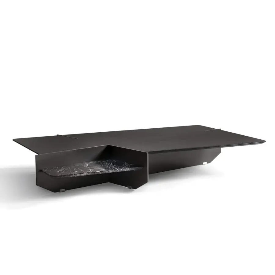 Lavish Giorgetti Ghiblim coffee table built with pewter-painted metal, Canaletto walnut, and marble with a matte finish