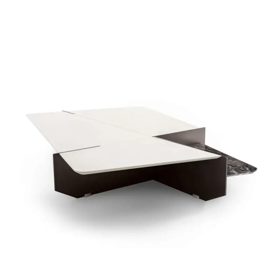 Superior Giorgetti Ghiblim coffee table built with pewter-painted metal, Canaletto walnut, and white marble showcasing diagonal stitching