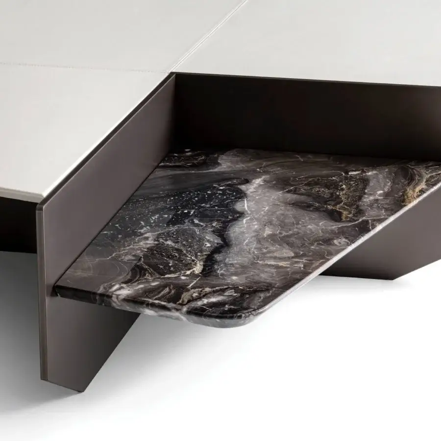 Distinguished Giorgetti Ghiblim coffee table built with pewter-painted metal, Canaletto walnut, and polished marble inlay