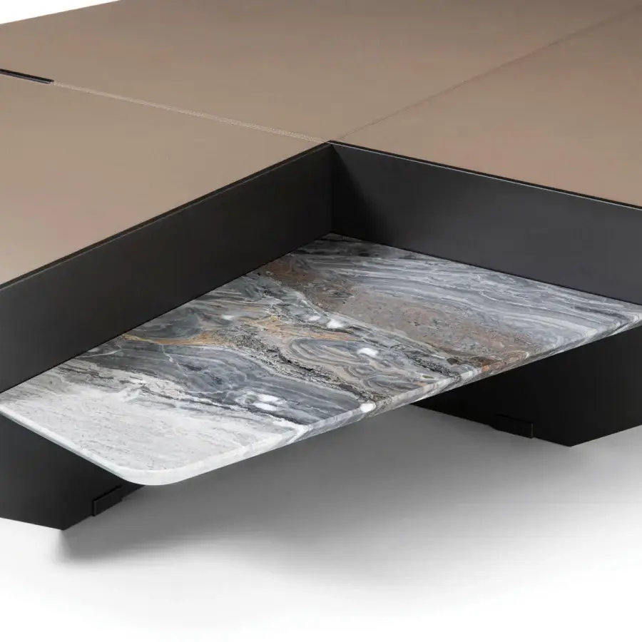 Exceptional Giorgetti Ghiblim coffee table built with pewter-painted metal, Canaletto walnut inlay, and polished marble