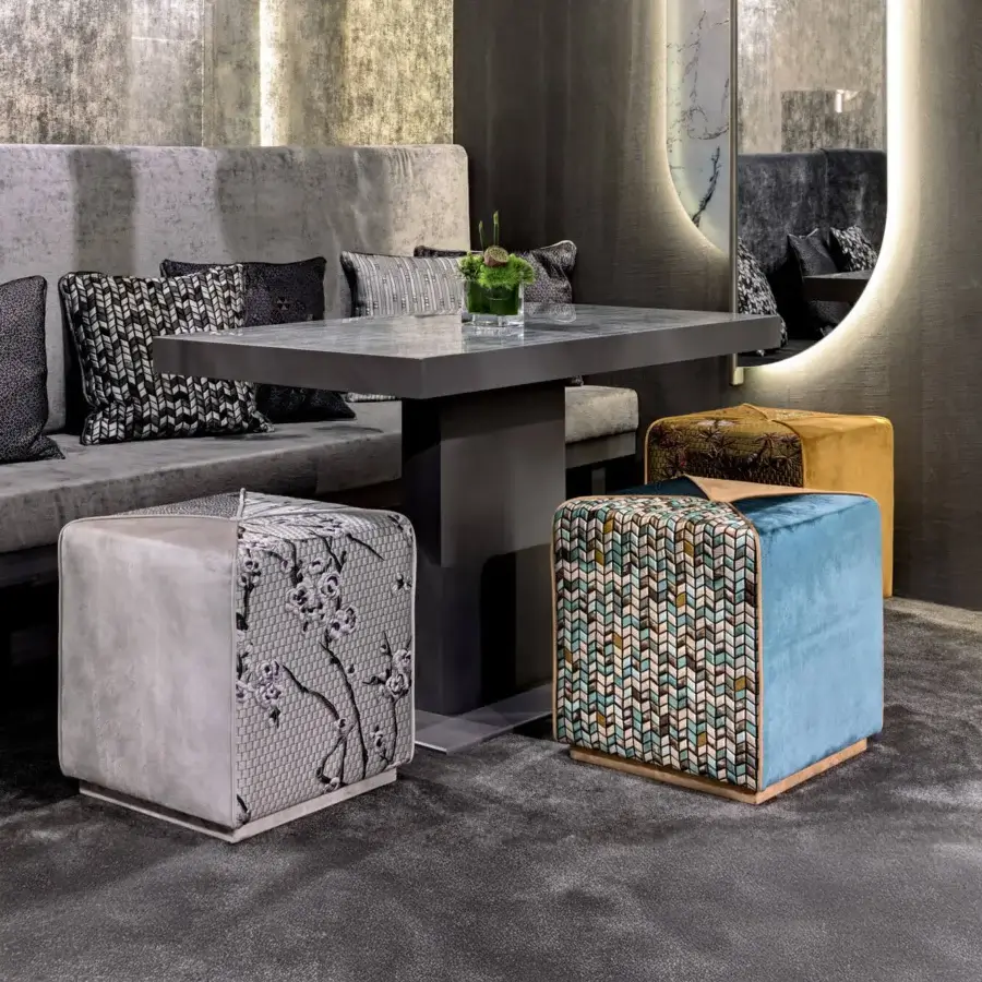 Exceptional Sicis Chamaleon square ottoman crafted with wood and upholstered in grayscale floral patterned fabric