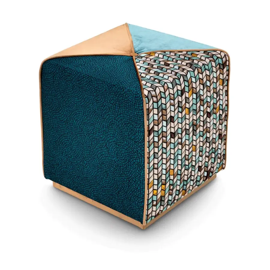 Distinguished Sicis Chamaleon square ottoman crafted with wood and upholstered in teal dotted fabric, turquoise velvet, plus patterned chevron sides