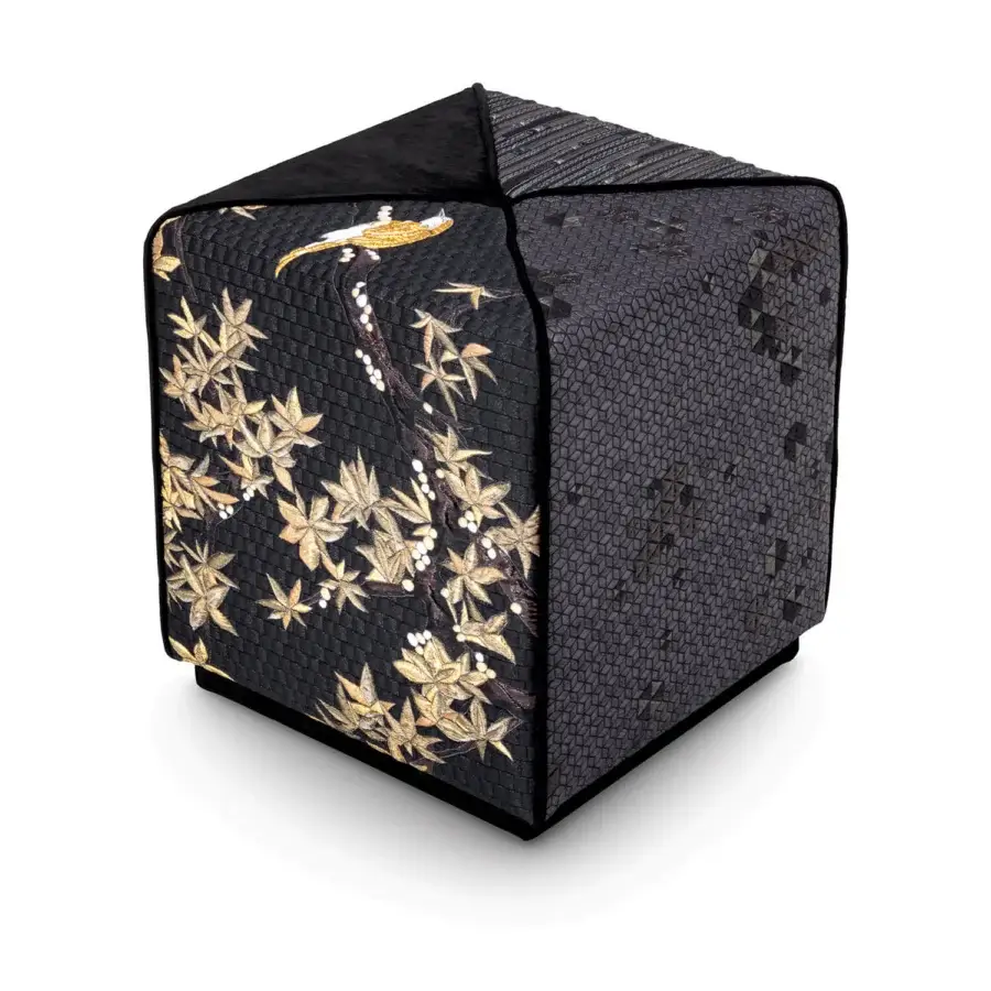 Exceptional Sicis Chamaleon square ottoman upholstered in patterned fabric with golden-yellow foliage against a black background with wood construction
