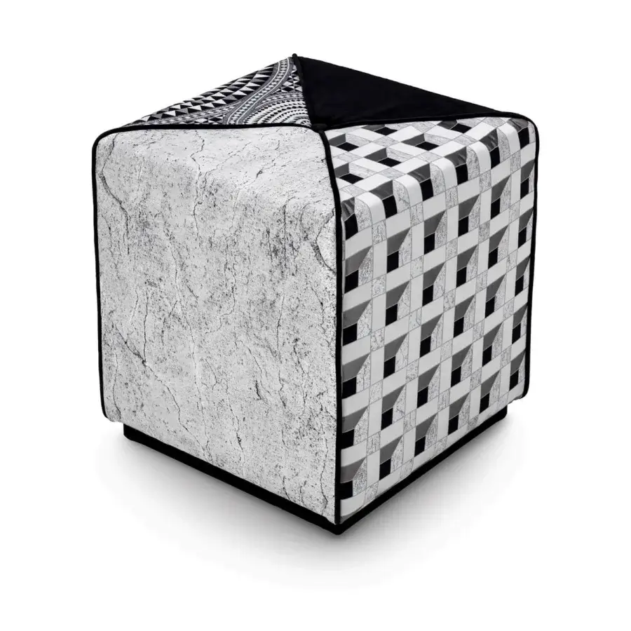Distinguished Sicis Chamaleon square ottoman upholstered in patterned grey, white and black with a solid wood frame