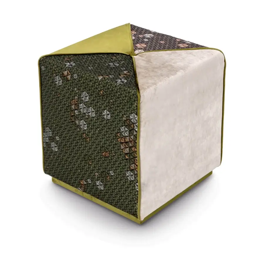 Lavish Sicis Chamaleon square ottoman crafted with wood and upholstered in olive green geometric patterns with beige textile and brown interwoven fabric