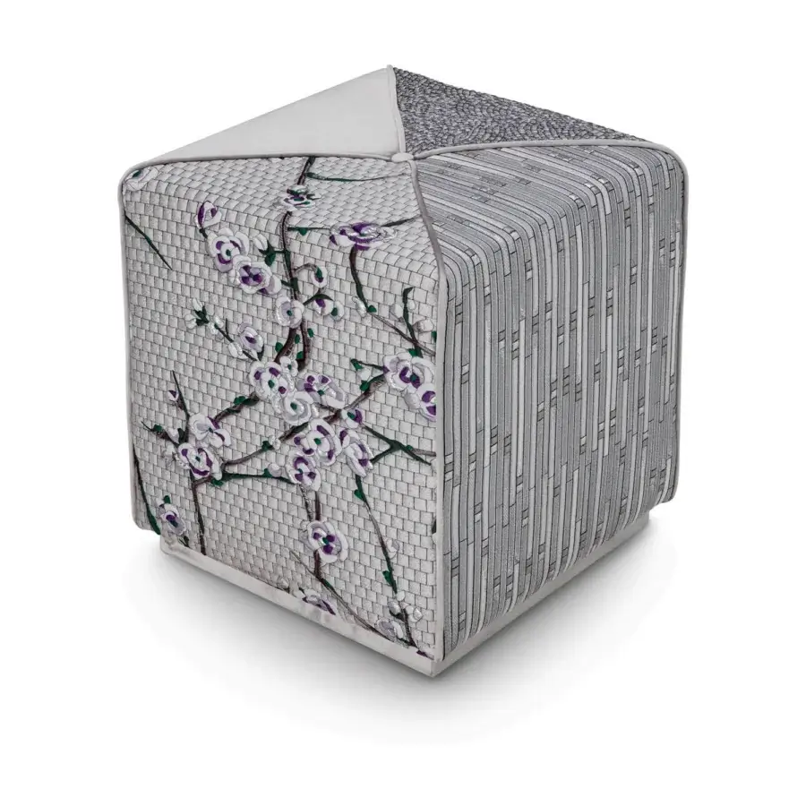 Superior Sicis Chamaleon square ottoman crafted with wood and upholstered in patterned fabric with purple and green floral motifs