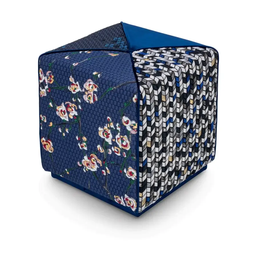 Distinguished Sicis Chamaleon square ottoman built with wood and upholstered in floral print with blue, black, white fabrics