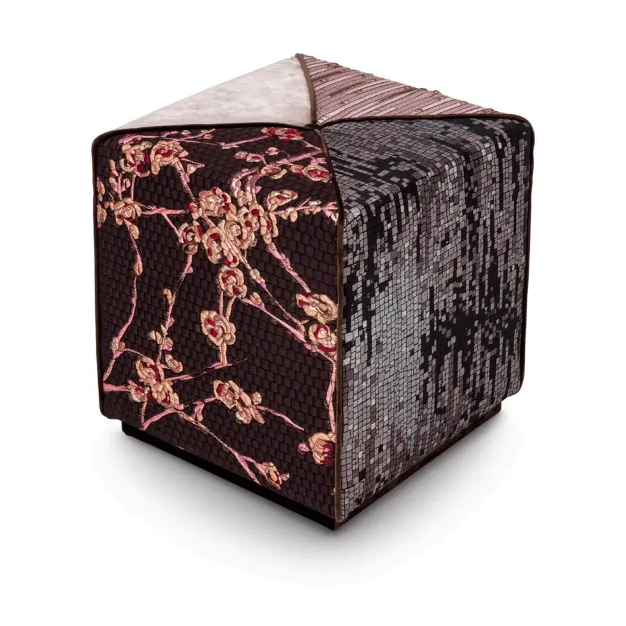 Exceptional Sicis Chamaleon square ottoman crafted with solid wood and upholstered in pink, gold, gray, and dark brown patterned fabrics