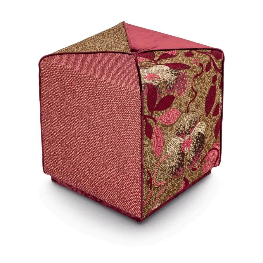 Lavish Sicis Chamaleon square ottoman upholstered in reddish-pink textiles with gold and burgundy floral patterned panels built with a solid wood frame