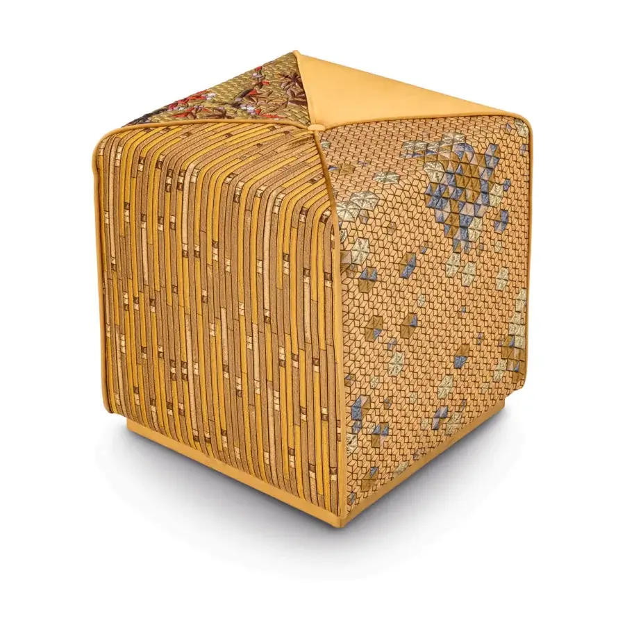 Superior Sicis Chamaleon square ottoman upholstered in patterned fabric with a striking floral motif top and wood frame