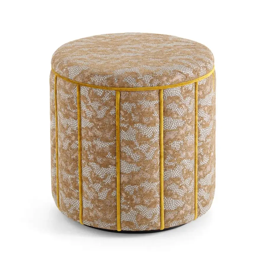 Superior Sicis Circus Ottoman pouf upholstered in patterned golden-brown and cream fabric with yellow-gold velvet trim