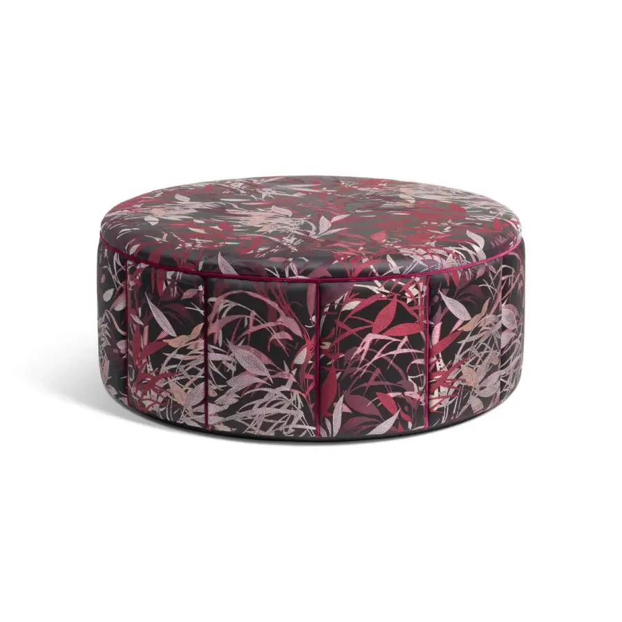 Distinguished Sicis Circus Ottoman pouf upholstered in richly patterned red and burgundy textiles with refined finish