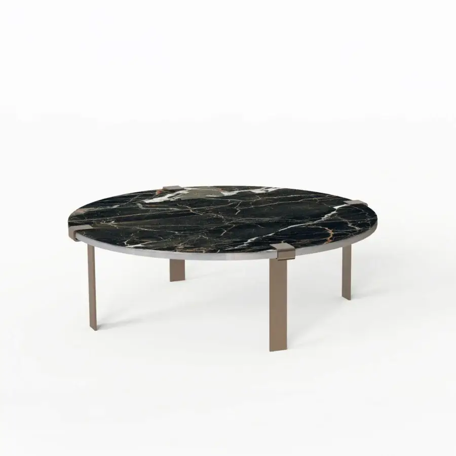 Exceptional Bizzotto Italia Amulet coffee table with polished dark marble and muted gold-toned metal base crafted with a satin finish