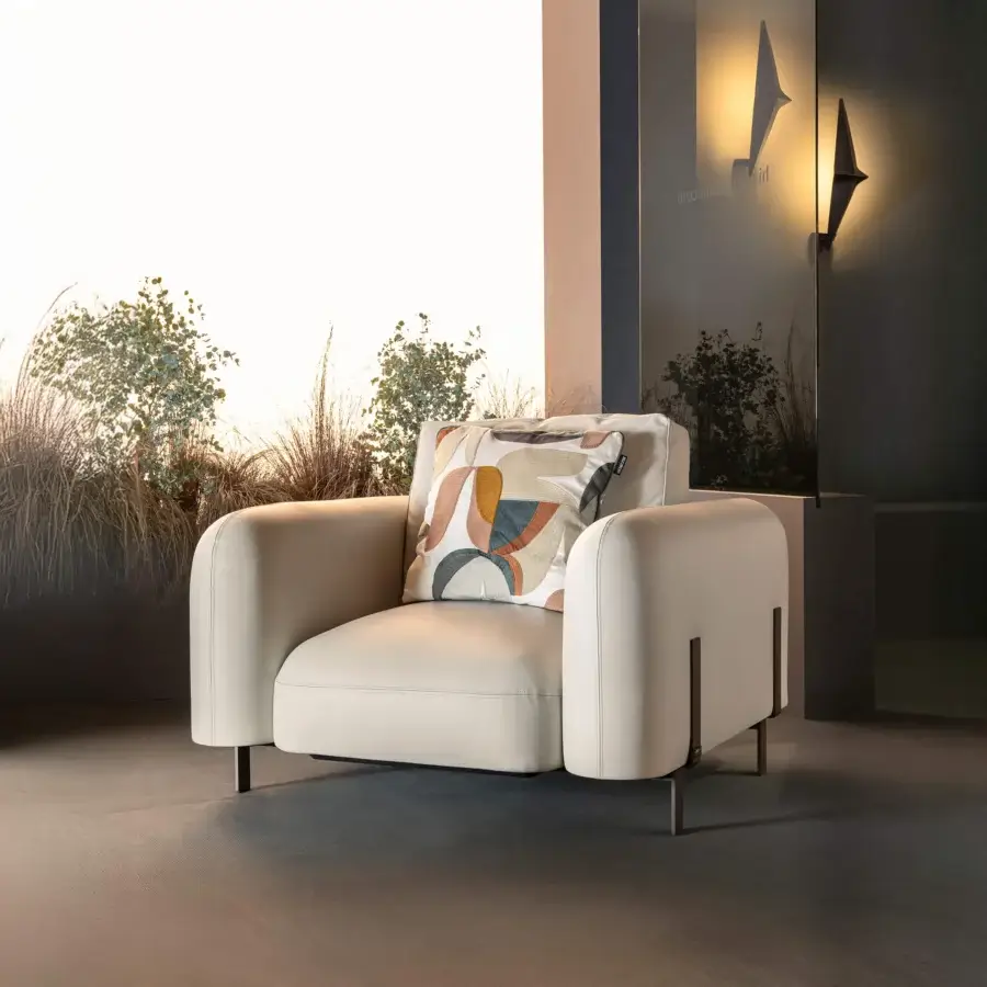 Distinguished Bizzotto Italia Amulet lounge chair with light beige leather upholstery and Titanium finished details