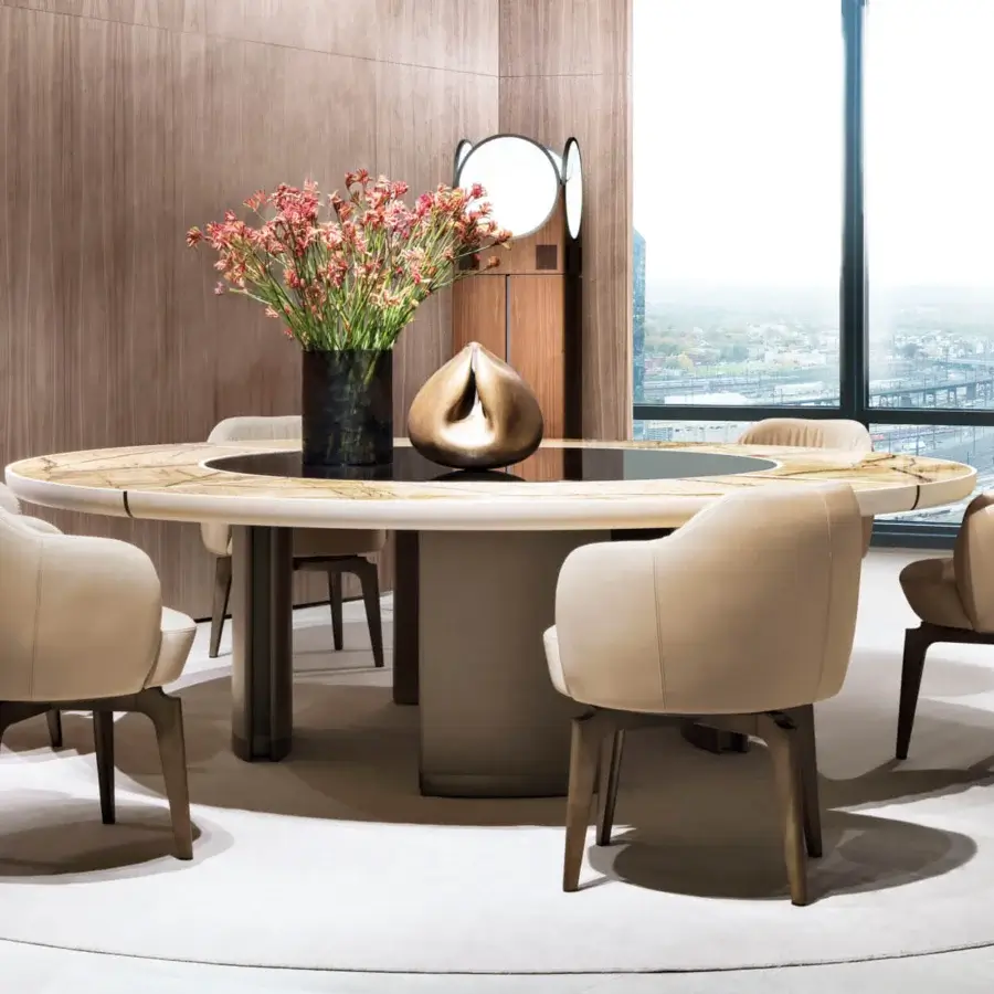 Distinguished Giorgetti Elisa armchair upholstered in light beige fabric with walnut Canaletto swivel base and satin finish