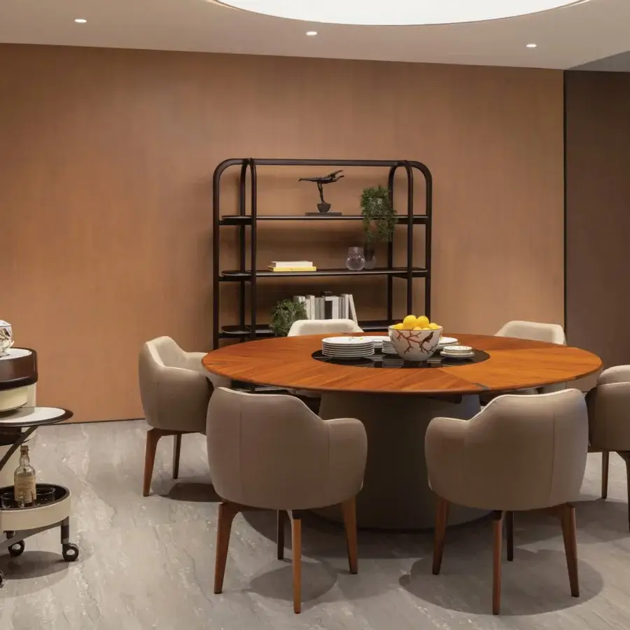 Superior Giorgetti Elisa armchair upholstered in smooth beige fabric with a walnut Canaletto swivel base