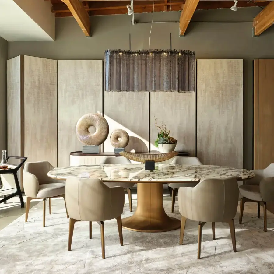 Superior Giorgetti Elisa armchair upholstered in smooth matte beige fabric with a walnut Canaletto swivel base