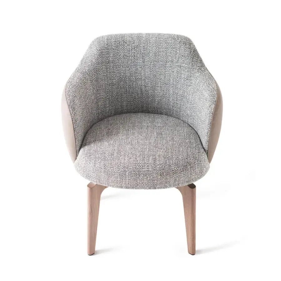 Superior Giorgetti Elisa armchair in muted gray fabric with light beige leather detailing and satin-finish walnut Canaletto swivel base