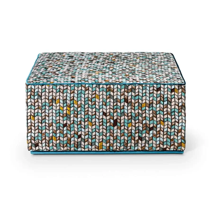 Exceptional Sicis Cube ottoman crafted in Italy with turquoise and teal geometric fabric upholstery and matte finish