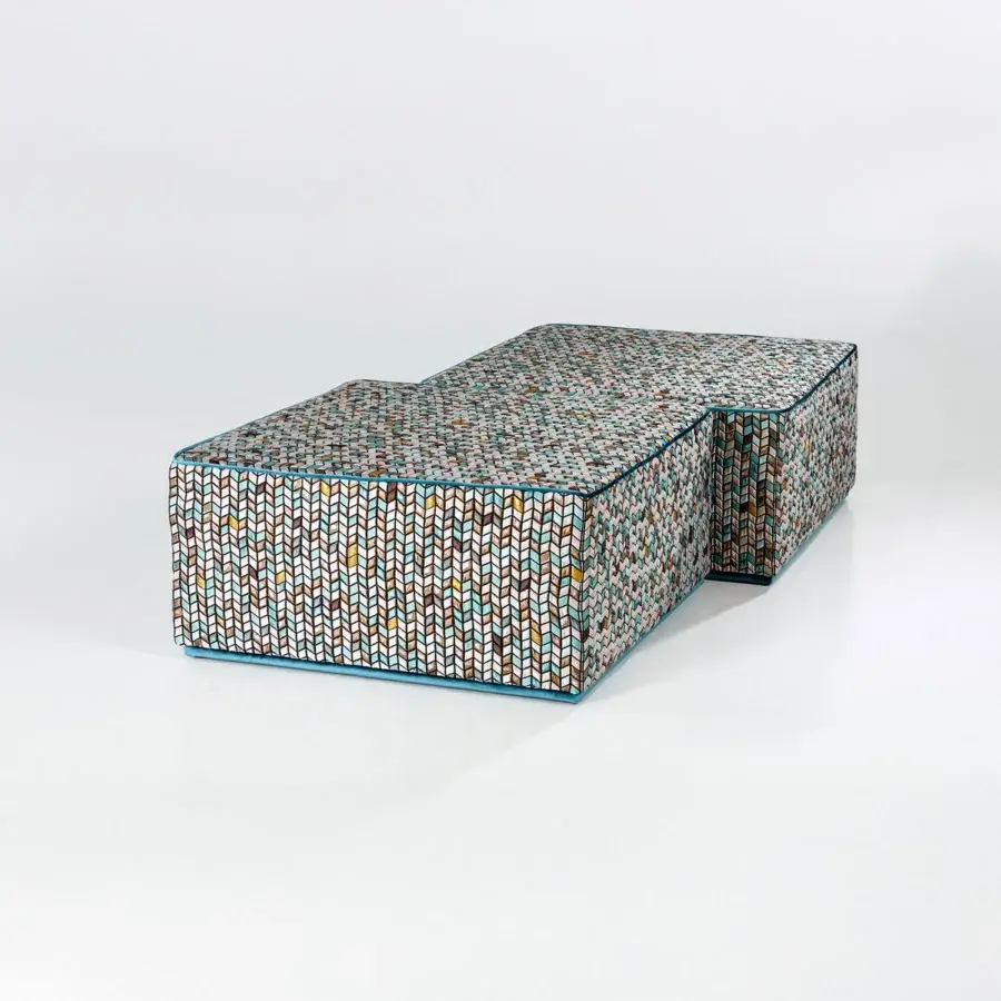 Distinguished Sicis Cube ottoman crafted in Italy with herringbone weave upholstery in muted teal and contrasting shades