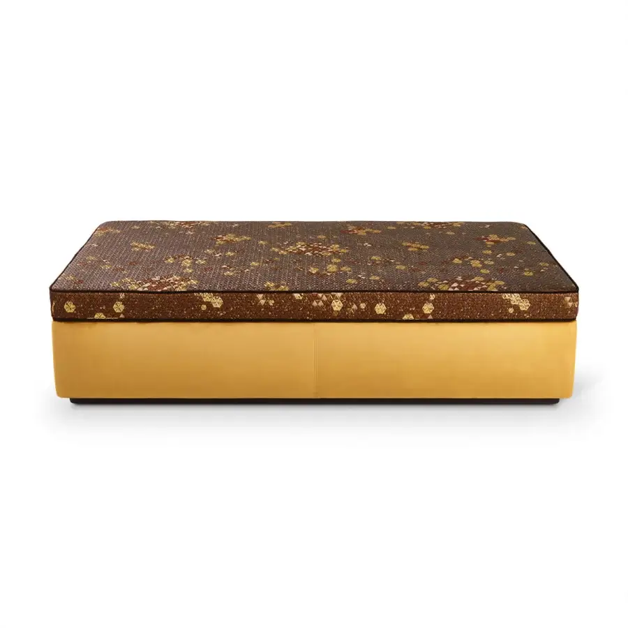 Exceptional Sicis Hector ottoman crafted in Italy with dark brown and gold geometric textile upholstery and golden-yellow base