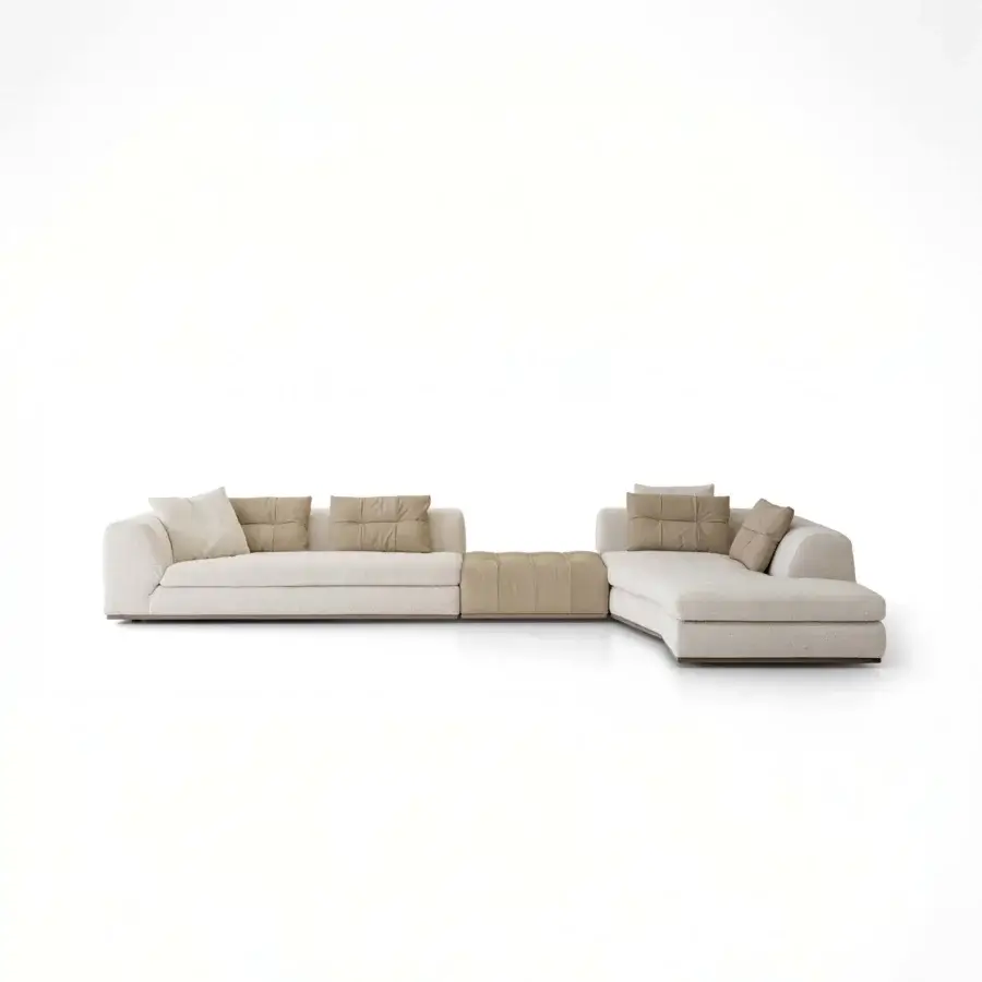 Harmonious Cierre1972 Montgomery sectional with textured woven fabric and warmer tan cushions in a matte finish