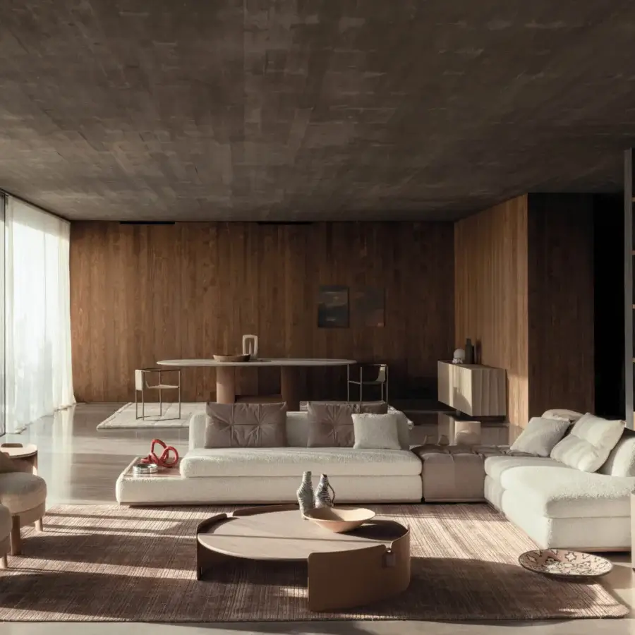 Lavish Cierre1972 Montgomery sectional with textured bouclé textile, quilted modules and included decorative cushions