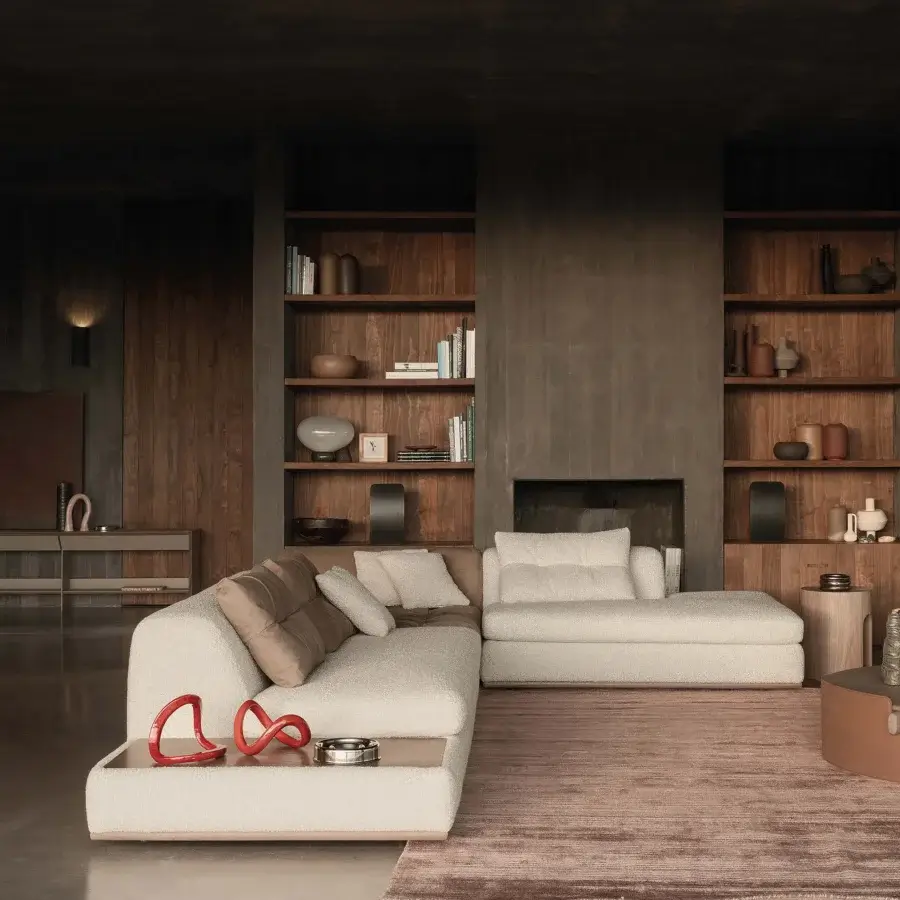 Distinguished Cierre1972 Montgomery sectional with quilted modules, woven neutral beige fabric and decorative cushions crafted in Italy