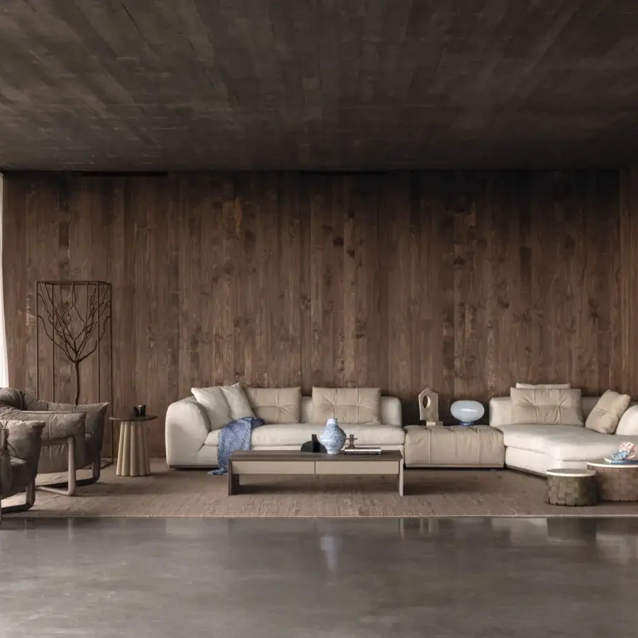 Elegant Cierre1972 Montgomery sectional in woven neutral beige fabric with quilted modules and siliconized microfiber cushions