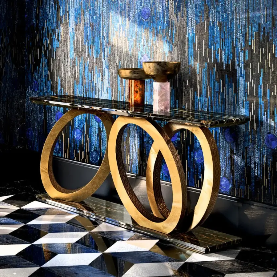Exceptional Sicis Fluxus console with metallic mosaic and marble top in warm golden-brown wood with satin finish