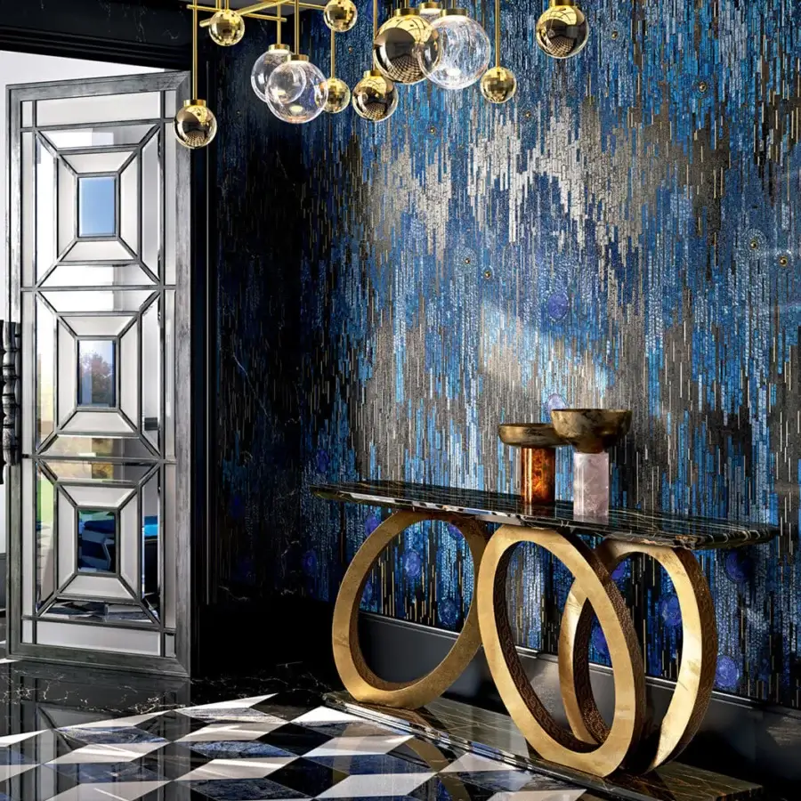 Distinguished Sicis Fluxus console crafted with metallic mosaic and marble top in polished golden tone