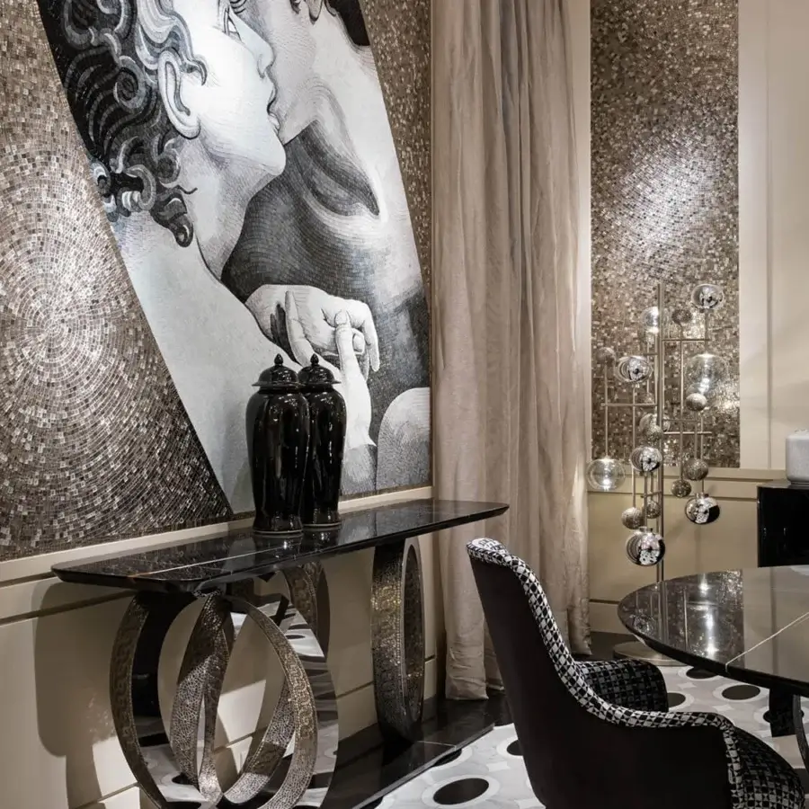 Superior Sicis Fluxus console crafted with metallic mosaic and marble, exhibiting a sleek lacquered wood tabletop with polished chrome rings