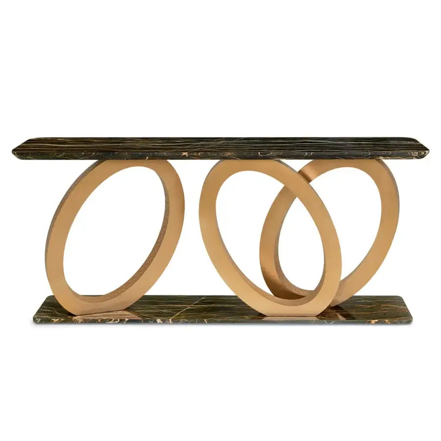 Exquisite Sicis Fluxus console crafted with golden metallic mosaic and dark marble exhibiting polished chrome loops